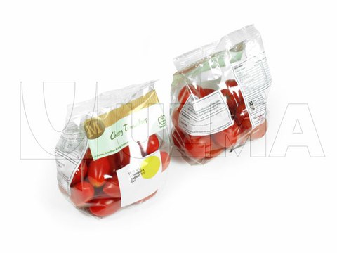 Cherrytomaten verticaal verpakt in BOPP folie met platte bodem