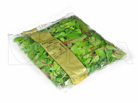 Spinazie en rucola verpakt in VFFS-machine onder gemodificeerde atmosfeer(MAP) in BOPP folie.